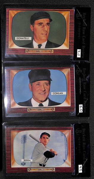 Lot of 3 - 1955 Bowman Yogi Berra #168, Jocko Conlan #303 Umpire, AJ Donatelli #313 Umpire - BVG